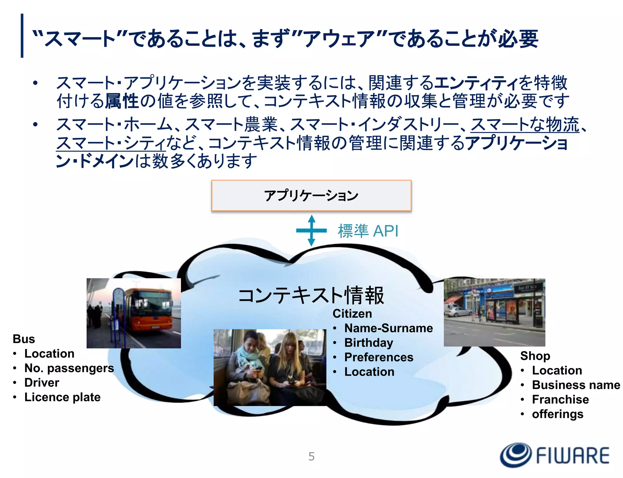“スマート”であることは、まず”アウェア”であることが必要
• スマート・アプリケーションを実装するには、関連するエンティティを特徴
付ける属性の値を参照して、コンテキスト情報の収集と管理が必要です
• スマート・ホーム、スマート農業、スマート・インダストリー、スマートな物流、
スマート・シティなど、コンテキスト情報の管理に関連するアプリケーショ
ン・ドメインは数多くあります
Bus
• Location
• No. passengers
• Driver
• Licence plate
Citizen
• Name-Surname
• Birthday
• Preferences
• Location
Shop
• Location
• Business name
• Franchise
• offerings
コンテキスト情報
アプリケーション
5
標準 API
 