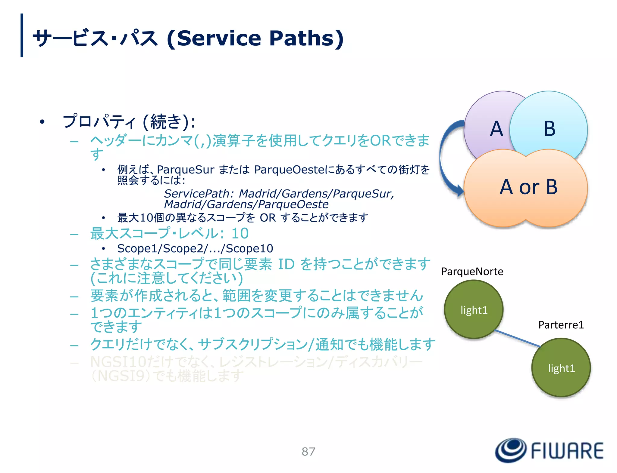 • プロパティ (続き):
– ヘッダーにカンマ(,)演算子を使用してクエリをORできま
す
• 例えば、ParqueSur または ParqueOesteにあるすべての街灯を
照会するには:
ServicePath: Madrid/Gardens/ParqueSur,
Madrid/Gardens/ParqueOeste
• 最大10個の異なるスコープを OR することができます
– 最大スコープ・レベル: 10
• Scope1/Scope2/.../Scope10
– さまざまなスコープで同じ要素 ID を持つことができます
(これに注意してください)
– 要素が作成されると、範囲を変更することはできません
– 1つのエンティティは1つのスコープにのみ属することが
できます
– クエリだけでなく、サブスクリプション/通知でも機能します
– NGSI10だけでなく、レジストレーション/ディスカバリー
（NGSI9）でも機能します
ParqueNorte
Parterre1
light1
light1
A B
A or B
87
サービス・パス (Service Paths)
 
