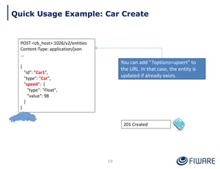Quick Usage Example: Car Create
201 Created
19
POST <cb_host>:1026/v2/entities
Content-Type: application/json
...
{
"id": "Car1",
"type": "Car",
"speed": {
"type": "Float",
"value": 98
}
}
You can add "?options=upsert" to
the URL. In that case, the entity is
updated if already exists.
 