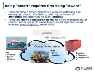Being “Smart” requires first being “Aware”
4
• Implementing a Smart Application requires gathering and
managing context information, referring to values of
attributes characterizing relevant entities
• There are many application domains where management of
context info is relevant: smart home, smart agrifood, smart
industry, smart logistics, smart cities
Ship
• Company
• Speed
• Location
• …
Truck
• Driver
• Location
• …
Container
• Dimension
• Temperature
• …
Context Information
Application
standard API
 