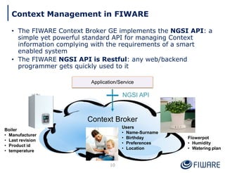 Context Management in FIWARE
• The FIWARE Context Broker GE implements the NGSI API: a
simple yet powerful standard API for managing Context
information complying with the requirements of a smart
enabled system
• The FIWARE NGSI API is Restful: any web/backend
programmer gets quickly used to it
Application/Service
Context Broker
NGSI API
Boiler
• Manufacturer
• Last revision
• Product id
• temperature
Users
• Name-Surname
• Birthday
• Preferences
• Location
Flowerpot
• Humidity
• Watering plan
10
 