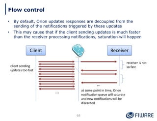 • By default, Orion updates responses are decoupled from the
sending of the notifications triggered by these updates
• This may cause that if the client sending updates is much faster
than the receiver processing notifications, saturation will happen
68
Flow control
Client Receiver
…
client sending
updates too fast
at some point in time, Orion
notification queue will saturate
and new notifications will be
discarded
receiver is not
so fast
…
 