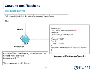 72
…
"httpCustom": {
"url": "http://foo.com/entity/${id}",
"headers": {
"Content-Type": "text/plain"
},
"method": "PUT",
"qs": {
"type": "${type}"
},
"payload": "The temperature is ${temp} degrees"
}
…
PUT http://foo.com/entity/DC_S1-D41?type=Room
Content-Type: text/plain
Content-Length: 31
The temperature is 23.4 degrees
PUT /v2/entities/DC_S1-D41/attrs/temp/value?type=Room
…
23.4
Custom notification configuration
update
notification
Custom notifications
Text based payload
 