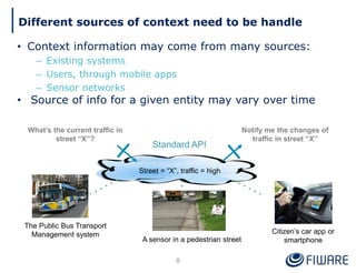 Different sources of context need to be handle
• Context information may come from many sources:
– Existing systems
– Users, through mobile apps
– Sensor networks
• Source of info for a given entity may vary over time
8
Street = “X”, traffic = high
What’s the current traffic in
street “X”?
Standard API
A sensor in a pedestrian street
The Public Bus Transport
Management system Citizen’s car app or
smartphone
Notify me the changes of
traffic in street “X”
 