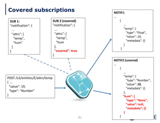 81
Covered subscriptions
SUB 1:
"notification": {
...
"attrs": [
"temp",
"hum"
]
}
SUB 2 (covered)
"notification": {
...
"attrs": [
"temp",
"hum
],
"covered": true
}
POST /v2/entities/E/attrs/temp
{ ...
"value": 19,
"type": "Number"
}
NOTIF1:
…
{
…
"temp": {
"type": "Float",
"value": 19,
"metadata": {}
}
}
NOTIF2 (covered)
…
{
…
"temp": {
"type": "Number",
"value": 19,
"metadata": {}
},
"hum": {
"type": "None",
"value": null,
"metadata": {}
}
}
 