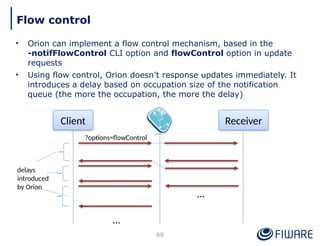 • Orion can implement a flow control mechanism, based in the
-notifFlowControl CLI option and flowControl option in update
requests
• Using flow control, Orion doesn’t response updates immediately. It
introduces a delay based on occupation size of the notification
queue (the more the occupation, the more the delay)
69
Flow control
Client Receiver
…
…
?options=flowControl
delays
introduced
by Orion
 