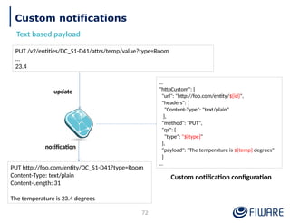 72
…
"httpCustom": {
"url": "http://foo.com/entity/${id}",
"headers": {
"Content-Type": "text/plain"
},
"method": "PUT",
"qs": {
"type": "${type}"
},
"payload": "The temperature is ${temp} degrees"
}
…
PUT http://foo.com/entity/DC_S1-D41?type=Room
Content-Type: text/plain
Content-Length: 31
The temperature is 23.4 degrees
PUT /v2/entities/DC_S1-D41/attrs/temp/value?type=Room
…
23.4
Custom notification configuration
update
notification
Custom notifications
Text based payload
 