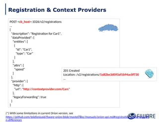 POST <cb_host>:1026/v2/registrations
…
{
"description": "Registration for Car1",
"dataProvided": {
"entities": [
{
"id": "Car1",
"type": "Car"
}
],
"attrs": [
"speed"
]
},
"provider": {
"http": {
"url": "http://contextprovider.com/Cars"
},
"legacyForwarding": true
}
}
201 Created
Location: /v2/registrations/5a82be3d093af1b94ac0f730
…
95
Registration & Context Providers
(*) With some limitations in current Orion version, see
https://github.com/telefonicaid/fiware-orion/blob/master/doc/manuals/orion-api.md#registration-implementatio
n-differences
 
