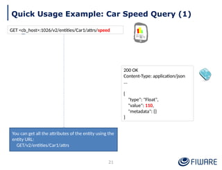 Quick Usage Example: Car Speed Query (1)
200 OK
Content-Type: application/json
...
{
"type": "Float",
"value": 110,
"metadata": {}
}
21
You can get all the attributes of the entity using the
entity URL:
GET/v2/entities/Car1/attrs
GET <cb_host>:1026/v2/entities/Car1/attrs/speed
 