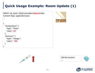204 No Content
…
Quick Usage Example: Room Update (1)
25
PATCH <cb_host>:1026/v2/entities/Room1/attrs
Content-Type: application/json
...
{
"temperature“: {
"type": "Float",
"value": 25
},
"pressure": {
"type": "Integer",
"value": 720
}
}
 