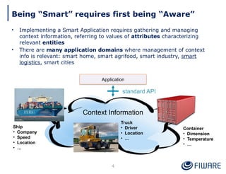 Being “Smart” requires first being “Aware”
4
• Implementing a Smart Application requires gathering and managing
context information, referring to values of attributes characterizing
relevant entities
• There are many application domains where management of context
info is relevant: smart home, smart agrifood, smart industry, smart
logistics, smart cities
Ship
• Company
• Speed
• Location
• …
Truck
• Driver
• Location
• …
Container
• Dimension
• Temperature
• …
Context Information
Application
standard API
 