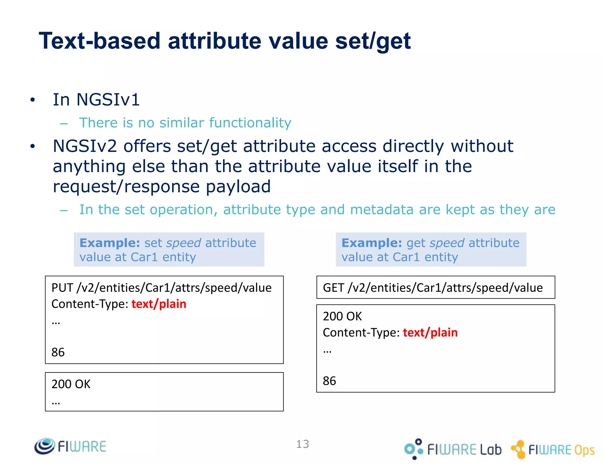 Text-based attribute value set/get
• In NGSIv1
– There is no similar functionality
• NGSIv2 offers set/get attribute access directly without
anything else than the attribute value itself in the
request/response payload
– In the set operation, attribute type and metadata are kept as they are
13
PUT /v2/entities/Car1/attrs/speed/value
Content-Type: text/plain
…
86
GET /v2/entities/Car1/attrs/speed/value
200 OK
Content-Type: text/plain
…
86200 OK
…
Example: set speed attribute
value at Car1 entity
Example: get speed attribute
value at Car1 entity
 