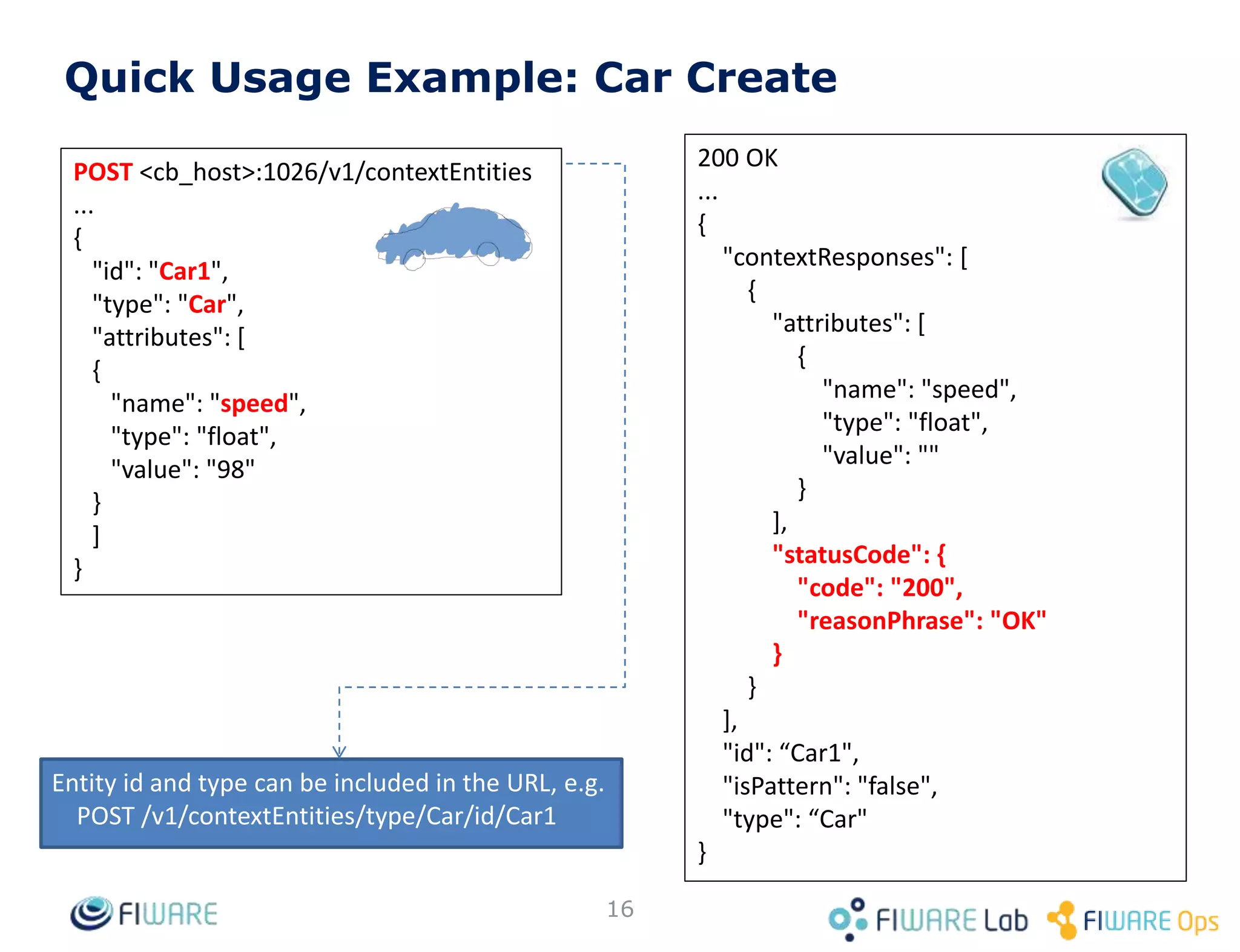 • In general, it is always preferable to use NGSIv2
• However, you would need to use NGSIv1 if
– You need register/discovery operations (context management
availability functionality)
• Not yet implemented in NGSIv2 (in roadmap)
– Zero tolerance to changes in software interacting with Orion
• Even if you use NGSIv1, you can still use NGSIv2 advanced
functionality
– See “Considerations on NGSIv1 and NGSIv2 coexistence”
section at Orion manual
• For a NGSIv1-based version of this presentation have a
look to
– http://bit.ly/fiware-orion-ngsiv1
16
So… when should I use NGSIv1 or NGSIv2?
 