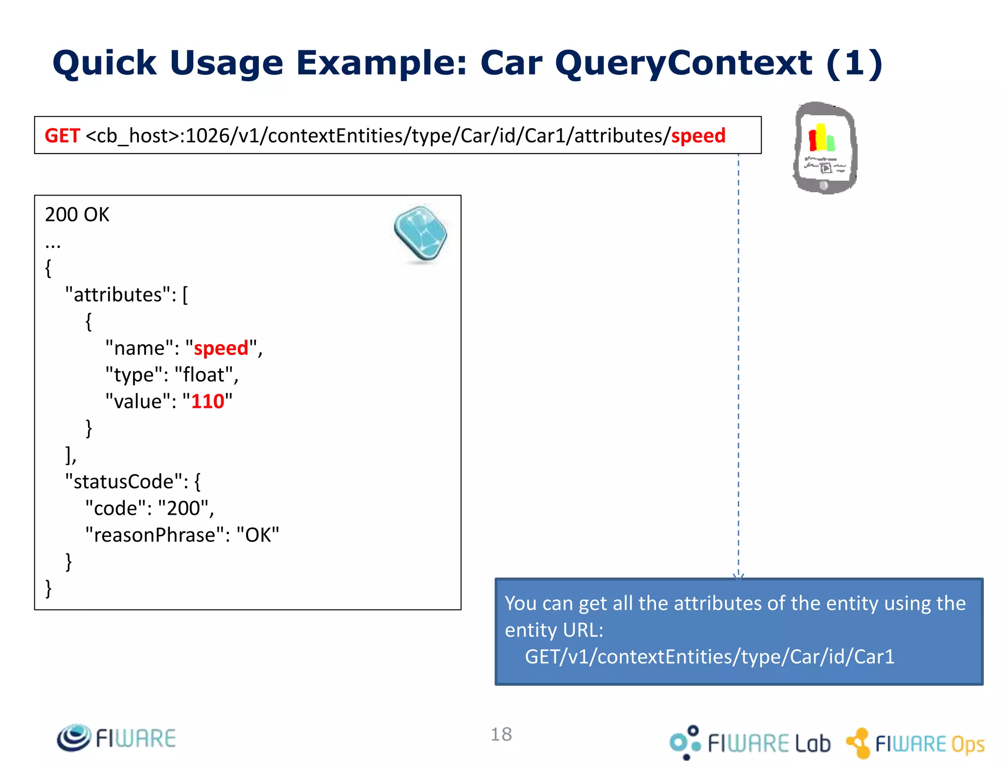 GET <cb_host>:1026/version
{
"orion" : {
"version" : "1.6.0",
"uptime" : "7 d, 21 h, 33 m, 39 s",
"git_hash" : "aee96414cc3594bba161afb400f69d101978b39c",
"compile_time" : "Mon Dec 5 08:38:58 CET 2016",
"compiled_by" : "fermin",
"compiled_in" : "centollo"
}
}
18
Orion Context Broker – check health
 