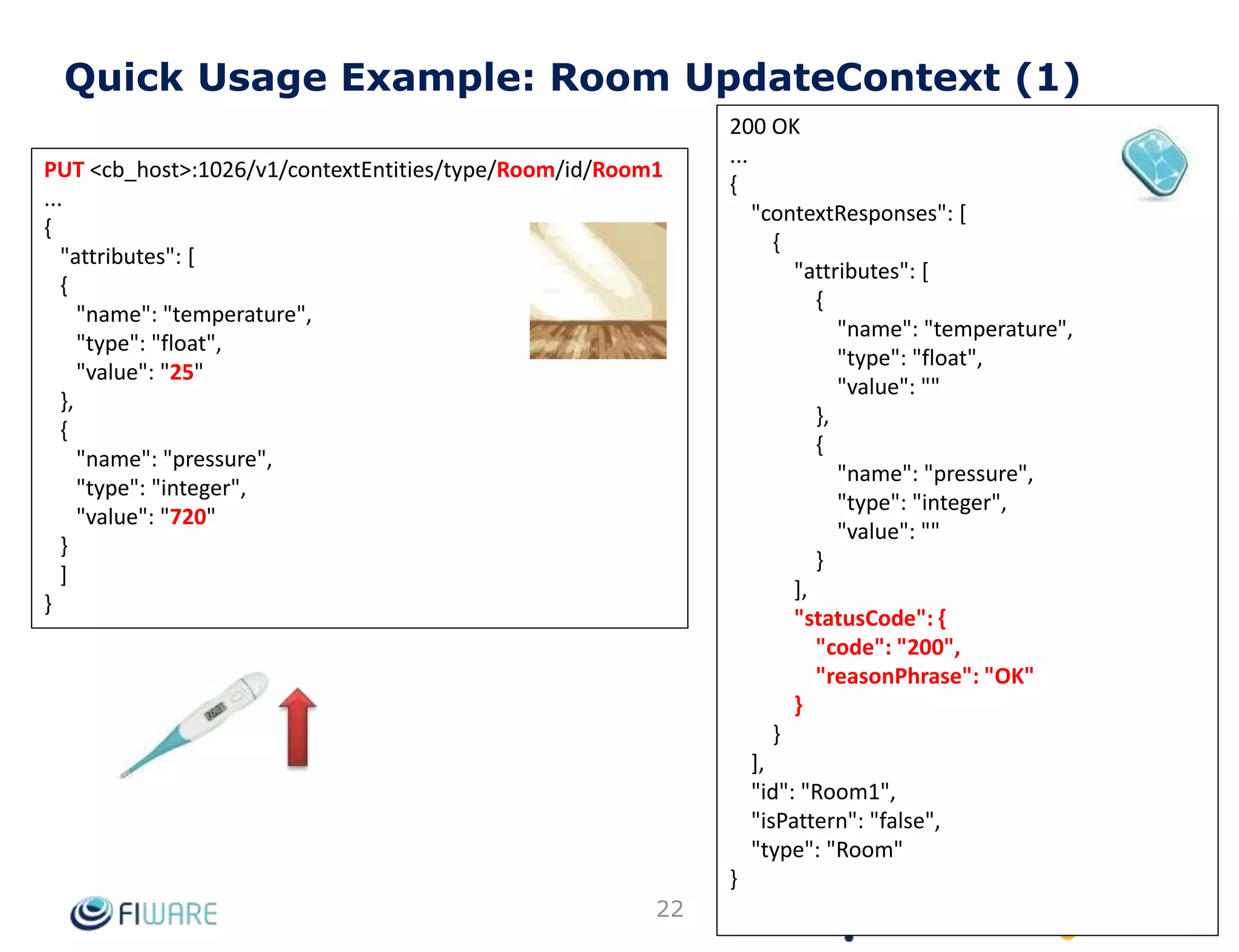 Quick Usage Example: Car Create
201 Created
22
POST <cb_host>:1026/v2/entities
Content-Type: application/json
...
{
"id": "Car1",
"type": "Car",
"speed": {
"type": "Float",
"value": 98
}
}
 
