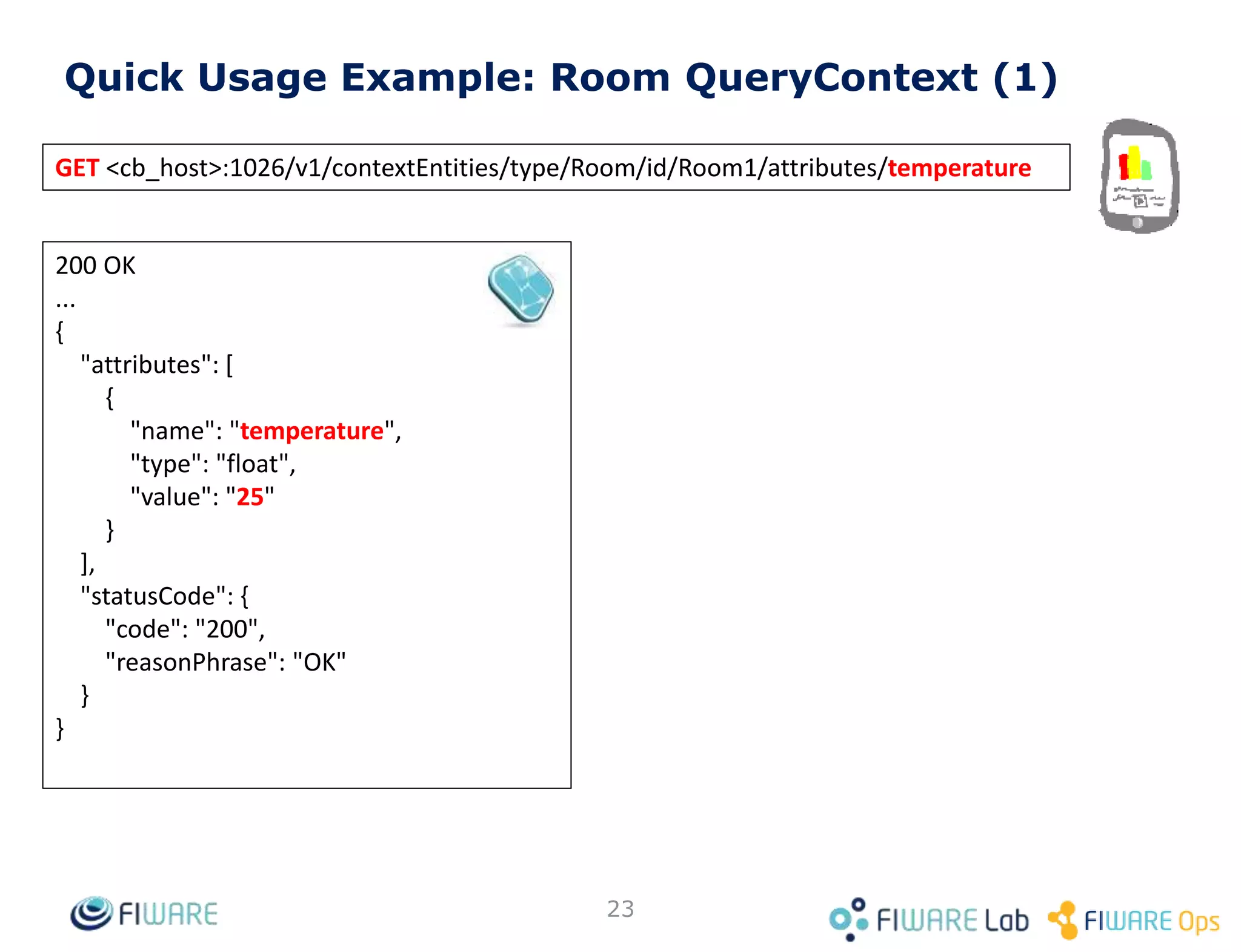 Quick Usage Example: Car Speed Update (1)
PUT <cb_host>:1026/v2/entities/Car1/attrs/speed
Content-Type: application/json
...
{
"type": "Float",
"value": 110
}
204 No Content
…
23
In the case of id ambiguity, you can use
"?type=Car" to specify entity type
 