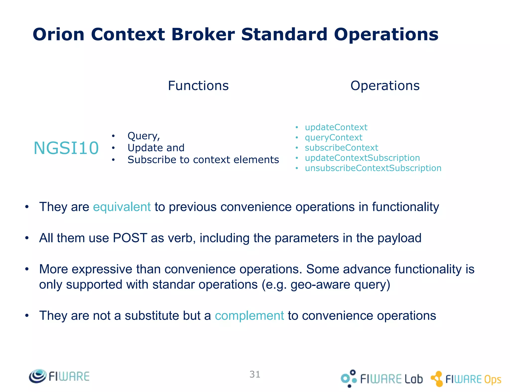 201 Created
...
Quick Usage Example: Room Create (2)
POST <cb_host>:1026/v2/entities
Content-Type: application/json
...
{
"id": "Room2",
"type": "Room",
"temperature": {
"type": "Float",
"value": 29
},
"pressure": {
"type": "Integer",
"value": 730
}
}
31
 