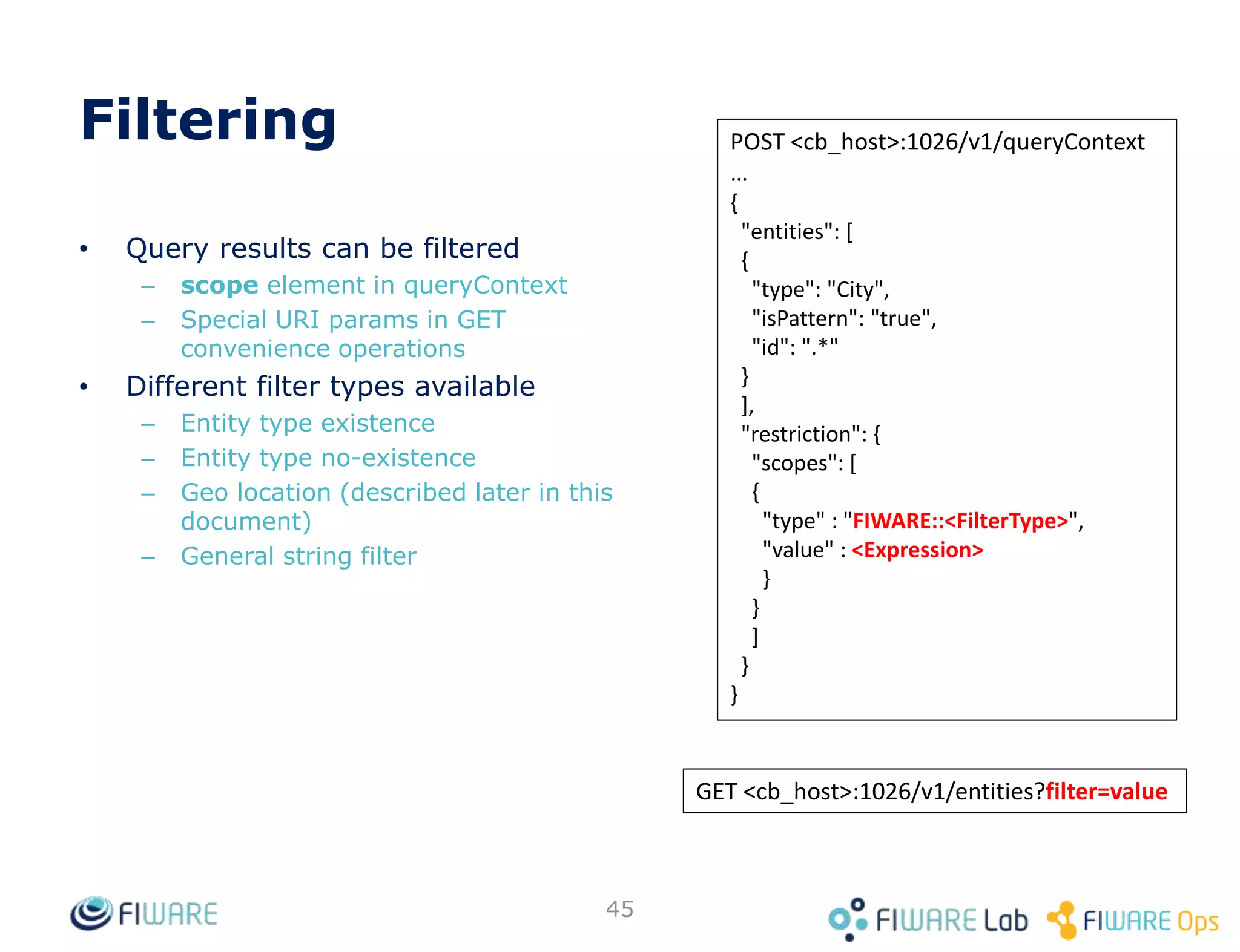 NGSI Context Adaptor for Carto
45
Show your entities in a map with no effort, create history animations,
heat maps and clusters representations
• https://github.com/telefonicaid/fiware-dataviz
 
