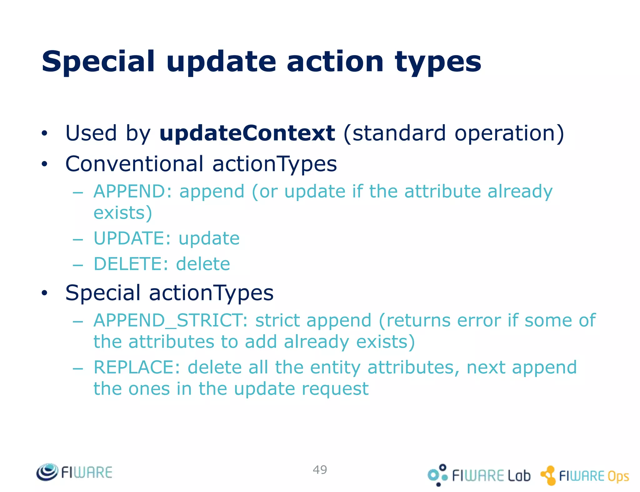 49
Orion functionality
49
Pagination
Metadata
Compound attribute/metadata values
Type browsing
Geo-location
Query filters
DateTime support
Custom notifications
Notification status
Attribute/metadata filtering
Special attribute/metadata
Registrations & context providers
Multitenancy
Creating & pulling data
Pushing data
Subscriptions & Notifications
Batch operations
 