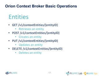 • Main functions:
– Context management
– Context availability management (advanced topic) (not yet in NGSIv2)
• HTTP and REST-based
– JSON payload support
• Context in NGSI is based in an entity-attribute model:
Attributes
• Name
• Type
• Value
Entity
• EntityId
• EntityType
1 n
“has”
13
Orion Context Broker
 