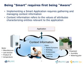 Being “Smart” requires first being “Aware”
4
• Implementing a Smart Application requires gathering and
managing context information, referring to values of
attributes characterizing relevant entities
• There are many application domains where management of
context info is relevant: smart home, smart agrifood, smart
industry, smart logistics, smart cities
Ship
• Company
• Speed
• Location
• …
Truck
• Driver
• Location
• …
Container
• Dimension
• Temperature
• …
Context Information
Application
standard API
 