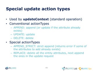 49
Orion functionality
49
Pagination
Metadata
Compound attribute/metadata values
Type browsing
Geo-location
Query filters
DateTime support
Custom notifications
Notification status
Attribute/metadata filtering
Special attribute/metadata
Registrations & context providers
Multitenancy
Creating & pulling data
Pushing data
Subscriptions & Notifications
Batch operations
 