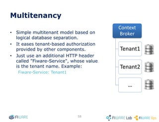 • GET /v2/types
• Retrieve a list of all entity types currently in Orion,
including their corresponding attributes and entities
count
• GET /v2/types/{typeID}
• Retrieve attributes and entities count associated to an
entity type
PRO TIP
GET /v2/contextTypes?options=values
Retrieves just a list of all entity types without any extra info
58
Type Browsing
 