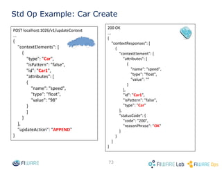 • Examples
– Include only attributes temp and lum
• In queries: GET /v2/entities?attrs=temp,lum
• In subscriptions: "attrs": [ "temp", "lum" ]
– Include dateCreated and not any other attribute
• In queries: GET /v2/entities?attrs=dateCreated
• In subscriptions: "attrs": [ "dateCreated" ]
– Include dateModified and all the other (regular)
attributes
• In queries: GET /v2/entities?attrs=dateModified,*
• In subscriptions: "attrs": [ "dateModified", "*" ]
– Include all attributes (same effect that not using attrs,
not very interesting)
• In queries: GET /v2/entities?attrs=*
• In subscriptions: "attrs": [ "*" ]
73
Attributes filtering and special attributes
 