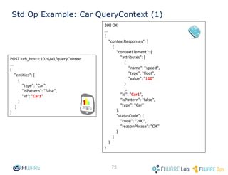 • Examples
– Include only metadata MD1 and MD2
• In queries: GET /v2/entities?metadata=MD1,MD2
• In subscriptions: "metadata": [ "MD1", "MD2" ]
– Include previousValue and not any other metadata
• In queries: GET /v2/entities?metadata=previousValue
• In subscriptions: "attrs": [ "previousValue" ]
– Include actionType and all the other (regular) metadata
• In queries: GET /v2/entities?metadata=actionType,*
• In subscriptions: "attrs": [ "actionType", "*" ]
– Include all metadatata (same effect that not using
metadata, not very interesting)
• In queries: GET /v2/entities?metadata=*
• In subscriptions: "metadata": [ "*" ]
75
Metadata filtering and special metadata
 