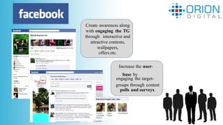 Create awareness along
with engaging the TG
through interactive and
attractive contests,
wallpapers,
offers etc.
Increase the user-
engaging the target-
base by
groups through contest
polls and surveys.
 