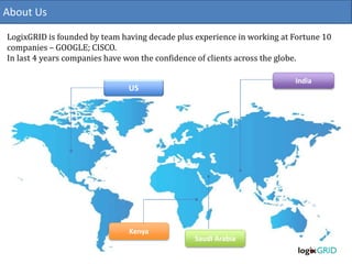 India
Saudi Arabia
Kenya
US
About Us
LogixGRID is founded by team having decade plus experience in working at Fortune 10
companies – GOOGLE; CISCO.
In last 4 years companies have won the confidence of clients across the globe.
 