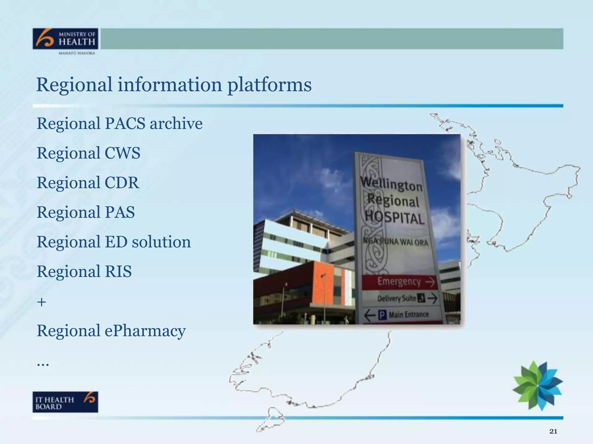 Regional information platforms
Regional PACS archive
Regional CWS
Regional CDR
Regional PAS
Regional ED solution
Regional RIS
+
Regional ePharmacy
…



                                 21
 