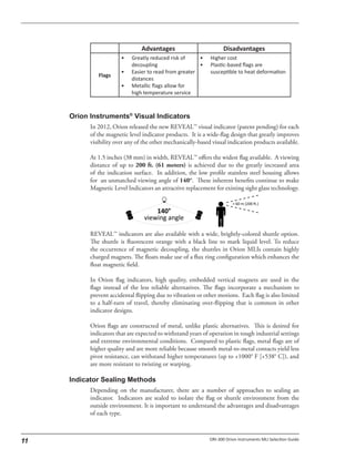 In 2012, Orion released the new REVEAL™ visual indicator (patent pending) for each
of the magnetic level indicator products. It is a wide-flag design that greatly improves
visibility over any of the other mechanically-based visual indication products available.
At 1.5 inches (38 mm) in width, REVEAL™ offers the widest flag available. A viewing
distance of up to 200 ft. (61 meters) is achieved due to the greatly increased area
of the indication surface. In addition, the low profile stainless steel housing allows
for an unmatched viewing angle of 140°. These inherent benefits continue to make
Magnetic Level Indicators an attractive replacement for existing sight glass technology.
REVEAL™ indicators are also available with a wide, brightly-colored shuttle option.
The shuttle is fluorescent orange with a black line to mark liquid level. To reduce
the occurrence of magnetic decoupling, the shuttles in Orion MLIs contain highly
charged magnets. The floats make use of a flux ring configuration which enhances the
float magnetic field.
In Orion flag indicators, high quality, embedded vertical magnets are used in the
flags instead of the less reliable alternatives. The flags incorporate a mechanism to
prevent accidental flipping due to vibration or other motions. Each flag is also limited
to a half-turn of travel, thereby eliminating over-flipping that is common in other
indicator designs.
Orion flags are constructed of metal, unlike plastic alternatives. This is desired for
indicators that are expected to withstand years of operation in tough industrial settings
and extreme environmental conditions. Compared to plastic flags, metal flags are of
higher quality and are more reliable because smooth metal-to-metal contacts yield less
pivot resistance, can withstand higher temperatures (up to +1000° F [+538° C]), and
are more resistant to twisting or warping.
Depending on the manufacturer, there are a number of approaches to sealing an
indicator. Indicators are sealed to isolate the flag or shuttle environment from the
outside environment. It is important to understand the advantages and disadvantages
of each type.
viewing angle
140°
+ 60 m (200 Ō.)
 