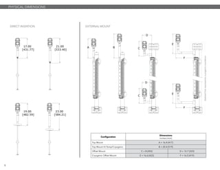 DIRECT INSERTION EXTERNAL MOUNT
PHYSICAL DIMENSIONS
0
3
6
9
ft.
in.
6
9
3
2
ft.
0
3
6
9
ft.
in.
6
9
3
2
ft.
17.00
[431.77]
21.00
[533.40]
19.00
[482.59]
23.00
[584.21]
E
F
C
D
0
3
6
9
1
ft.
in.
3
6
9
3
2
ft.
C
D
E
F
A
0
3
6
9
1
ft.
in.
3
6
9
3
2
ft.
B
Configuration
Dimensions
inches [mm]
Top Mount A = 16.4 [417]
Top Mount Hi-Temp/Cryogenic B = 20.4 [519]
Offset Mount C = 8 [203] D = 12.7 [323]
Cryogenic Offset Mount E = 16.6 [422] F = 16.5 [419]
9
dashedlinerepresentscryogenicinsulation
 