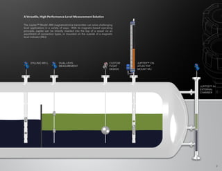 2
A Versatile, High-Performance Level Measurement Solution
The Jupiter™ Model JM4 magnetostrictive transmitter can solve challenging
level applications in a variety of ways. With its magnetic-based operating
principle, Jupiter can be directly inserted into the top of a vessel via an
assortment of connection types, or mounted on the outside of a magnetic
level indicator (MLI).
STILLING WELL
JUPITER™ IN
EXTERNAL
CHAMBER
JUPITER™ ON
ATLAS TOP
MOUNT MLI
DUAL-LEVEL
MEASUREMENT
CUSTOM
FLOAT
DESIGN
 