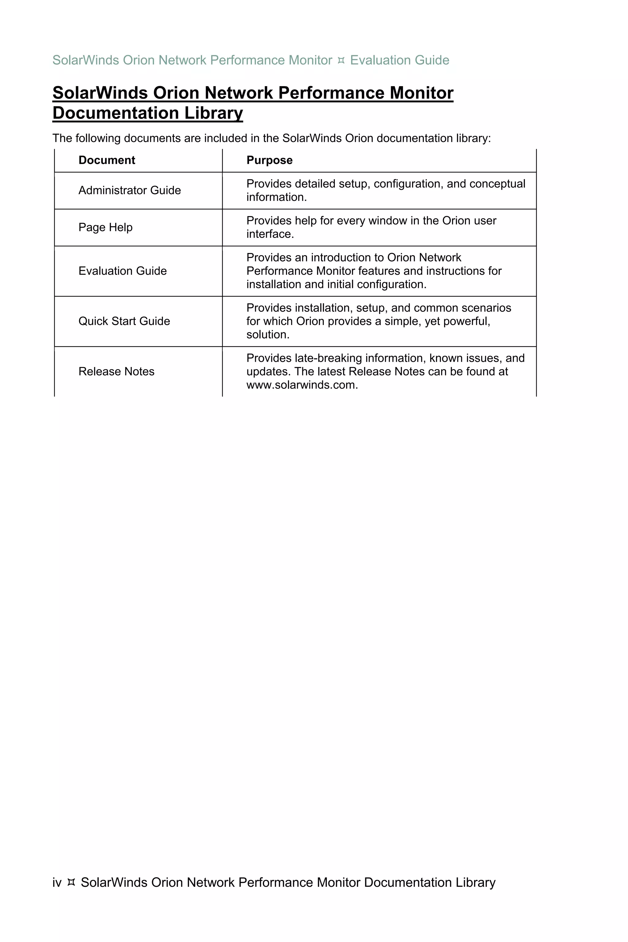SolarWinds Orion Network Performance Monitor            Evaluation Guide

SolarWinds Orion Network Performance Monitor
Documentation Library
The following documents are included in the SolarWinds Orion documentation library:
     Document                       Purpose

                                    Provides detailed setup, configuration, and conceptual
     Administrator Guide
                                    information.

                                    Provides help for every window in the Orion user
     Page Help
                                    interface.

                                    Provides an introduction to Orion Network
     Evaluation Guide               Performance Monitor features and instructions for
                                    installation and initial configuration.

                                    Provides installation, setup, and common scenarios
     Quick Start Guide              for which Orion provides a simple, yet powerful,
                                    solution.

                                    Provides late-breaking information, known issues, and
     Release Notes                  updates. The latest Release Notes can be found at
                                    www.solarwinds.com.




iv   SolarWinds Orion Network Performance Monitor Documentation Library
 