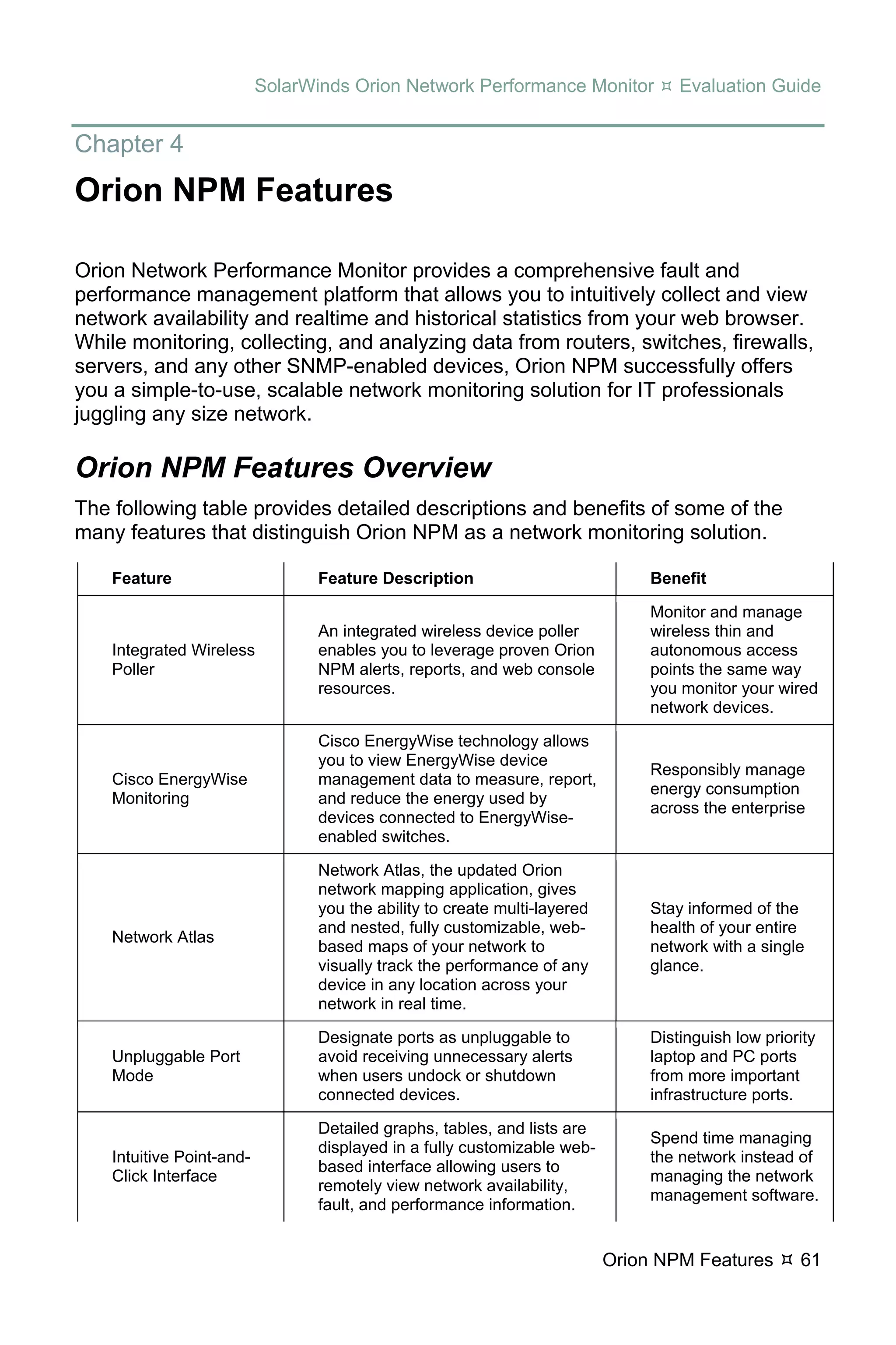 SolarWinds Orion Network Performance Monitor              Evaluation Guide


Chapter 4
Orion NPM Features

Orion Network Performance Monitor provides a comprehensive fault and
performance management platform that allows you to intuitively collect and view
network availability and realtime and historical statistics from your web browser.
While monitoring, collecting, and analyzing data from routers, switches, firewalls,
servers, and any other SNMP-enabled devices, Orion NPM successfully offers
you a simple-to-use, scalable network monitoring solution for IT professionals
juggling any size network.

Orion NPM Features Overview
The following table provides detailed descriptions and benefits of some of the
many features that distinguish Orion NPM as a network monitoring solution.

    Feature                       Feature Description                            Benefit

                                                                                 Monitor and manage
                                  An integrated wireless device poller           wireless thin and
    Integrated Wireless           enables you to leverage proven Orion           autonomous access
    Poller                        NPM alerts, reports, and web console           points the same way
                                  resources.                                     you monitor your wired
                                                                                 network devices.

                                  Cisco EnergyWise technology allows
                                  you to view EnergyWise device
                                                                                 Responsibly manage
    Cisco EnergyWise              management data to measure, report,
                                                                                 energy consumption
    Monitoring                    and reduce the energy used by
                                                                                 across the enterprise
                                  devices connected to EnergyWise-
                                  enabled switches.

                                  Network Atlas, the updated Orion
                                  network mapping application, gives
                                  you the ability to create multi-layered        Stay informed of the
                                  and nested, fully customizable, web-           health of your entire
    Network Atlas
                                  based maps of your network to                  network with a single
                                  visually track the performance of any          glance.
                                  device in any location across your
                                  network in real time.

                                  Designate ports as unpluggable to              Distinguish low priority
    Unpluggable Port              avoid receiving unnecessary alerts             laptop and PC ports
    Mode                          when users undock or shutdown                  from more important
                                  connected devices.                             infrastructure ports.

                                  Detailed graphs, tables, and lists are
                                                                                 Spend time managing
                                  displayed in a fully customizable web-
    Intuitive Point-and-                                                         the network instead of
                                  based interface allowing users to
    Click Interface                                                              managing the network
                                  remotely view network availability,
                                                                                 management software.
                                  fault, and performance information.


                                                                            Orion NPM Features        61
 