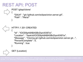Orion: RESTful git API | Copyright © IBM Corp., 2011. All rights reserved. Source code in this presentation is made available under
the EPL, v1.0, remainder of the presentation is licensed under Creative Commons Att. Nc Nd 2.5 license.
REST API: POST
POST /gitapi/clone/
{
"GitUrl" : "git://github.com/eclipse/orion.server.git",
"Path" : "/file/a/"
}
HTTP/1.1 201 CREATED
{
"Id" : "IOOD6ph8ABASBcDqmXX87w",
"Location" : "/task/id/IOOD6ph8ABASBcDqmXX87w",
"Message" : "Cloning git://github.com/eclipse/orion.server.git...",
"PercentComplete" : 0,
"Running" : true
}
GET {Location}
 