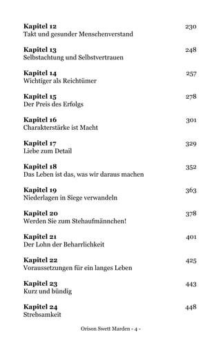Orison Swett Marden - 4 -
Kapitel 12	230
Takt und gesunder Menschenverstand
Kapitel 13	248
Selbstachtung und Selbstvertrauen
Kapitel 14	257
Wichtiger als Reichtümer
Kapitel 15	278
Der Preis des Erfolgs
Kapitel 16	301
Charakterstärke ist Macht
Kapitel 17	329
Liebe zum Detail
Kapitel 18	352
Das Leben ist das, was wir daraus machen
Kapitel 19	363
Niederlagen in Siege verwandeln
Kapitel 20	378
Werden Sie zum Stehaufmännchen!
Kapitel 21	401
Der Lohn der Beharrlichkeit
Kapitel 22	425
Voraussetzungen für ein langes Leben
Kapitel 23	443
Kurz und bündig
Kapitel 24	448
Strebsamkeit
 