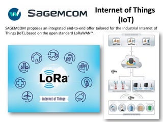 SAGEMCOM proposes an integrated end-to-end offer tailored for the Industrial Internet of
Things (IoT), based on the open standard LoRaWAN™.
Internet of Things
(IoT)
 