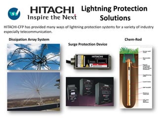 HITACHI-CFP has provided many ways of lightning protection systems for a variety of industry
especially telecommunication.
Dissipation Array System
Surge Protection Device
Chem-Rod
Lightning Protection
Solutions
 