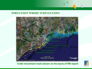Turtle movement route shown on the basis of WII report PORTS EXIST WHERE TURTLES EXIST DHAMRA PORT Gahirmatha Nesting Beach PARADIP PORT Rushikulya Nesting Beach Devi Nesting Beach 
