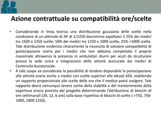 Azione contrattuale su compatibilità ore/scelte
•

•

Considerando in linea teorica una distribuzione gaussiana delle scelte nella
condizione di un ottimale di AP di 1/1250 dovremmo aspettarci il 25% dei medici
tra 1500 e 1250 scelte, 50% dei medici tra 1250 e 1000 scelte, 25% <1000 scelte.
Tale distribuzione evidenzia chiaramente la necessità di valutare compatibilità di
partecipazione oraria per i medici che non abbiano completato il proprio
massimale attraverso la presenza in ambulatori diurni per acuti da strutturare
presso la sede unica a integrazione delle attività assicurate dai medici di
Continuità Assistenziale.
A tale scopo va considerata la possibilità di rendere disponibile la partecipazione
alle attività orarie anche a medici con scelte superiori alle attuali 650, stabilendo
un rapporto proporzionale alle scelte delle ore che il medico potrà svolgere. Tale
rapporto dovrà comunque tenere conto della stabilità e del mantenimento della
copertura oraria prevista dal progetto determinando l’attribuzione di blocchi di
ore settimanali (24, 12, 6 ore) sulla base rispettiva di blocchi di scelte ( >750, 7501000, 1000-1250).

 