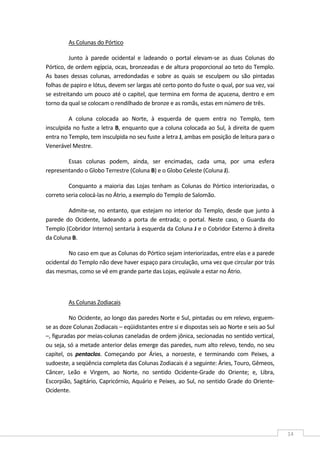  
14 
As Colunas do Pórtico 
Junto  à  parede  ocidental  e  ladeando  o  portal  elevam‐se  as  duas  Colunas  do 
Pórtico, de ordem egípcia, ocas, bronzeadas e de altura proporcional ao teto do Templo. 
As  bases  dessas  colunas,  arredondadas  e  sobre  as  quais  se  esculpem  ou  são  pintadas 
folhas de papiro e lótus, devem ser largas até certo ponto do fuste o qual, por sua vez, vai 
se estreitando um pouco até o capitel, que termina em forma de açucena, dentro e em 
torno da qual se colocam o rendilhado de bronze e as romãs, estas em número de três. 
A  coluna  colocada  ao  Norte,  à  esquerda  de  quem  entra  no  Templo,  tem 
insculpida no fuste a letra B, enquanto que a coluna colocada ao Sul, à direita de quem 
entra no Templo, tem insculpida no seu fuste a letra J, ambas em posição de leitura para o 
Venerável Mestre. 
Essas  colunas  podem,  ainda,  ser  encimadas,  cada  uma,  por  uma  esfera 
representando o Globo Terrestre (Coluna B) e o Globo Celeste (Coluna J). 
Conquanto a maioria das Lojas tenham as Colunas do Pórtico interiorizadas, o 
correto seria colocá‐las no Átrio, a exemplo do Templo de Salomão. 
Admite‐se, no entanto, que estejam no interior do Templo, desde que junto à 
parede  do  Ocidente,  ladeando  a  porta  de  entrada;  o  portal.  Neste  caso,  o  Guarda  do 
Templo (Cobridor Interno) sentaria à esquerda da Coluna J e o Cobridor Externo à direita 
da Coluna B. 
No caso em que as Colunas do Pórtico sejam interiorizadas, entre elas e a parede 
ocidental do Templo não deve haver espaço para circulação, uma vez que circular por trás 
das mesmas, como se vê em grande parte das Lojas, eqüivale a estar no Átrio. 
 
As Colunas Zodiacais 
No Ocidente, ao longo das paredes Norte e Sul, pintadas ou em relevo, erguem‐
se as doze Colunas Zodiacais – eqüidistantes entre si e dispostas seis ao Norte e seis ao Sul 
–, figuradas por meias‐colunas caneladas de ordem jônica, secionadas no sentido vertical, 
ou seja, só a metade anterior delas emerge das paredes, num alto relevo, tendo, no seu 
capitel,  os  pentaclos.  Começando  por  Áries,  a  noroeste,  e  terminando  com  Peixes,  a 
sudoeste, a seqüência completa das Colunas Zodiacais é a seguinte: Äries, Touro, Gêmeos, 
Câncer,  Leão  e  Virgem,  ao  Norte,  no  sentido  Ocidente‐Grade  do  Oriente;  e,  Libra, 
Escorpião, Sagitário, Capricórnio, Aquário e Peixes, ao Sul, no sentido Grade do Oriente‐
Ocidente. 
 