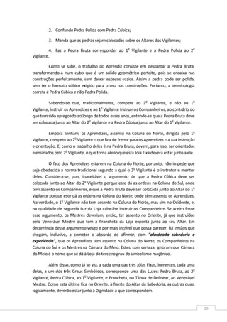  
19 
2. Confunde Pedra Polida com Pedra Cúbica;  
3. Manda que as pedras sejam colocadas sobre os Altares dos Vigilantes;  
4. Faz  a  Pedra  Bruta  corresponder  ao  1o
  Vigilante  e  a  Pedra  Polida  ao  2o
 
Vigilante.  
Como  se  sabe,  o  trabalho  do  Aprendiz  consiste  em  desbastar  a  Pedra  Bruta, 
transformando‐a  num  cubo  que  é  um  sólido  geométrico  perfeito,  pois  se  encaixa  nas 
construções perfeitamente, sem deixar espaços vazios. Assim a pedra pode ser polida, 
sem ter o formato cúbico exigido para o uso nas construções. Portanto, a terminologia 
correta é Pedra Cúbica e não Pedra Polida. 
Sabendo‐se  que,  tradicionalmente,  compete  ao  2o
  Vigilante,  e  não  ao  1o
 
Vigilante, instruir os Aprendizes e ao 1o
 Vigilante instruir os Companheiros, ao contrário do 
que tem sido apregoado ao longo de todos esses anos, entende‐se que a Pedra Bruta deve 
ser colocada junto ao Altar do 2o
 Vigilante e a Pedra Cúbica junto ao Altar do 1o
 Vigilante. 
Embora  tenham,  os  Aprendizes,  assento  na  Coluna  do  Norte,  dirigida  pelo  1o
 
Vigilante, compete ao 2o
 Vigilante – que fica de frente para os Aprendizes – a sua instrução 
e orientação. E, como o trabalho deles é na Pedra Bruta, devem, para isso, ser orientados 
e ensinados pelo 2o
 Vigilante, o que torna óbvio que esta Jóia Fixa deverá estar junto a ele. 
O fato dos Aprendizes estarem na Coluna do Norte, portanto, não impede que 
seja obedecida a norma tradicional segundo a qual o 2o
 Vigilante é o instrutor e mentor 
deles.  Considera‐se,  pois,  inaceitável  o  argumento  de  que  a  Pedra  Cúbica  deve  ser 
colocada junto ao Altar do 2o
 Vigilante porque este dá as ordens na Coluna do Sul, onde 
têm assento os Companheiros, e que a Pedra Bruta deve ser colocada junto ao Altar do 1o
 
Vigilante porque este dá as ordens na Coluna do Norte, onde têm assento os Aprendizes. 
Na verdade, o 1o
 Vigilante não tem assento na Coluna do Norte, mas sim no Ocidente, e, 
na qualidade de segunda Luz da Loja cabe‐lhe instruir os Companheiros Se aceito fosse 
esse argumento, os Mestres deveriam, então, ter assento no Oriente, já que instruídos 
pelo  Venerável  Mestre  que  tem  a  Prancheta  da  Loja  exposta  junto  ao  seu  Altar.  Em 
decorrência desse argumento vesgo e por mais incrível que possa parecer, há Irmãos que 
chegam,  inclusive,  a  cometer  o  absurdo  de  afirmar,  com  "alardeada  sabedoria  e 
experiência", que os Aprendizes têm assento na Coluna do Norte, os Companheiros na 
Coluna do Sul e os Mestres na Câmara do Meio. Estes, com certeza, ignoram que Câmara 
do Meio é o nome que se dá à Loja do terceiro grau do simbolismo maçônico. 
Além disso, como já se viu, a cada uma das três Jóias Fixas, inerentes, cada uma 
delas, a um dos três Graus Simbólicos, corresponde uma das Luzes: Pedra Bruta, ao 2o
 
Vigilante, Pedra Cúbica, ao 1o
 Vigilante, e Prancheta, ou Tábua de Delinear, ao Venerável 
Mestre. Como esta última fica no Oriente, à frente do Altar da Sabedoria, as outras duas, 
logicamente, deverão estar junto à Dignidade a que correspondem. 
 