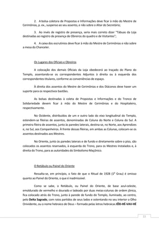  
22 
2. A bolsa coletora de Propostas e Informações deve ficar à mão do Mestre de 
Cerimônias, p. ex., suspenso ao seu assento, e não sobre o Altar do Secretário;  
3. Ao invés de registro de presença, seria mais correto dizer "Tábuas da Loja 
destinadas ao registro de presença de Obreiros do quadro e de Visitantes";  
4. A caixa dos escrutínios deve ficar à mão do Mestre de Cerimônias e não sobre 
a mesa do Chanceler.  
 
Os Lugares dos Oficiais e Obreiros  
A  colocação  dos  demais  Oficiais  da  Loja  obedecerá  ao  traçado  do  Plano  do 
Templo,  assentando‐se  os  correspondentes  Adjuntos  à  direita  ou  à  esquerda  dos 
correspondentes titulares, conforme as conveniências de espaço. 
À direita dos assentos do Mestre de Cerimônias e dos Diáconos deve haver um 
suporte para os respectivos bastões. 
As  bolsas  destinadas  à  coleta  de  Propostas  e  Informações  e  do  Tronco  de 
Solidariedade  devem  ficar  à  mão  do  Mestre  de  Cerimônias  e  do  Hospitaleiro, 
respectivamente. 
No Ocidente, distribuídos de um e outro lado do eixo longitudinal do Templo, 
estendem‐se fileiras de assentos, denominadas de Coluna do Norte e Coluna do Sul. A 
primeira fileira de assentos, junto às paredes laterais, destina‐se, no Norte, aos Aprendizes 
e, no Sul, aos Companheiros. À frente dessas fileiras, em ambas as Colunas, colocam‐se os 
assentos destinados aos Mestres. 
No Oriente, junto às paredes laterais e de fundo e diretamente sobre o piso, são 
colocados os assentos reservados, à esquerda do Trono, para os Mestres Instalados e, à 
direita do Trono, para as autoridades do Simbolismo Maçônico. 
 
O Retábulo ou Painel do Oriente  
Ressalta‐se,  em  princípio,  o  fato  de  que  o  Ritual  de  1928  (1o
  Grau)  é  omisso 
quanto ao Painel do Oriente, o que é inadmissível. 
Como  se  sabe,  o  Retábulo,  ou  Painel  do  Oriente,  de  base  azul‐celeste, 
emoldurado de vermelho e dourado e ladeado por duas meias‐colunas de ordem jônica, 
fica colocado atrás do Trono, junto à parede de fundo do Templo, iluminado, ao centro, 
pelo Delta Sagrado, com raios partidos de seus lados e ostentando no seu interior o Olho 
Onividente, ou o nome hebraico de Deus – formado pelas letras hebraicas IÔD‐HÉ‐VAV‐HÉ 
 