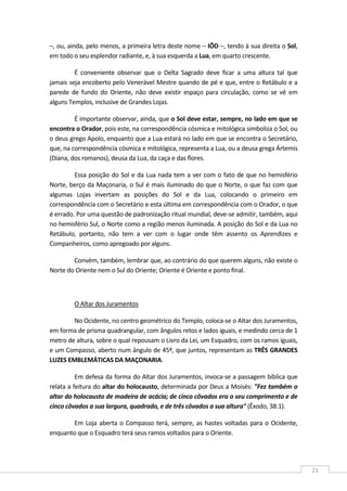  
23 
–, ou, ainda, pelo menos, a primeira letra deste nome – IÔD –, tendo à sua direita o Sol, 
em todo o seu esplendor radiante, e, à sua esquerda a Lua, em quarto crescente. 
É  conveniente  observar  que  o  Delta  Sagrado  deve  ficar  a  uma  altura  tal  que 
jamais seja encoberto pelo Venerável Mestre quando de pé e que, entre o Retábulo e a 
parede  de  fundo  do  Oriente,  não  deve  existir  espaço  para  circulação,  como  se  vê  em 
alguns Templos, inclusive de Grandes Lojas. 
É importante observar, ainda, que o Sol deve estar, sempre, no lado em que se 
encontra o Orador, pois este, na correspondência cósmica e mitológica simboliza o Sol, ou 
o deus grego Apolo, enquanto que a Lua estará no lado em que se encontra o Secretário, 
que, na correspondência cósmica e mitológica, representa a Lua, ou a deusa grega Ártemis 
(Diana, dos romanos), deusa da Lua, da caça e das flores. 
Essa posição do Sol e da Lua nada tem a ver com o fato de que no hemisfério 
Norte, berço da Maçonaria, o Sul é mais iluminado do que o Norte, o que faz com que 
algumas  Lojas  invertam  as  posições  do  Sol  e  da  Lua,  colocando  o  primeiro  em 
correspondência com o Secretário e esta última em correspondência com o Orador, o que 
é errado. Por uma questão de padronização ritual mundial, deve‐se admitir, também, aqui 
no hemisfério Sul, o Norte como a região menos iluminada. A posição do Sol e da Lua no 
Retábulo,  portanto,  não  tem  a  ver  com  o  lugar  onde  têm  assento  os  Aprendizes  e 
Companheiros, como apregoado por alguns. 
Convém, também, lembrar que, ao contrário do que querem alguns, não existe o 
Norte do Oriente nem o Sul do Oriente; Oriente é Oriente e ponto final. 
 
O Altar dos Juramentos  
No Ocidente, no centro geométrico do Templo, coloca‐se o Altar dos Juramentos, 
em forma de prisma quadrangular, com ângulos retos e lados iguais, e medindo cerca de 1 
metro de altura, sobre o qual repousam o Livro da Lei, um Esquadro, com os ramos iguais, 
e um Compasso, aberto num ângulo de 45º, que juntos, representam as TRÊS GRANDES 
LUZES EMBLEMÁTICAS DA MAÇONARIA. 
Em defesa da forma do Altar dos Juramentos, invoca‐se a passagem bíblica que 
relata a feitura do altar do holocausto, determinada por Deus a Moisés: "Fez também o 
altar do holocausto de madeira de acácia; de cinco côvados era o seu comprimento e de 
cinco côvados a sua largura, quadrado, e de três côvados a sua altura" (Êxodo, 38:1). 
Em Loja aberta o Compasso terá, sempre, as hastes voltadas para o Ocidente, 
enquanto que o Esquadro terá seus ramos voltados para o Oriente. 
 