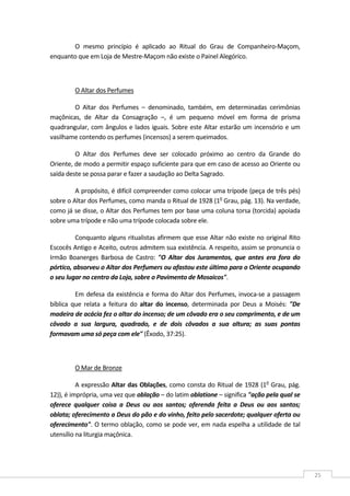  
25 
O  mesmo  princípio  é  aplicado  ao  Ritual  do  Grau  de  Companheiro‐Maçom, 
enquanto que em Loja de Mestre‐Maçom não existe o Painel Alegórico. 
 
O Altar dos Perfumes  
O  Altar  dos  Perfumes  –  denominado,  também,  em  determinadas  cerimônias 
maçônicas,  de  Altar  da  Consagração  –,  é  um  pequeno  móvel  em  forma  de  prisma 
quadrangular, com ângulos e lados iguais. Sobre este Altar estarão um incensório e um 
vasilhame contendo os perfumes (incensos) a serem queimados. 
O  Altar  dos  Perfumes  deve  ser  colocado  próximo  ao  centro  da  Grande  do 
Oriente, de modo a permitir espaço suficiente para que em caso de acesso ao Oriente ou 
saída deste se possa parar e fazer a saudação ao Delta Sagrado. 
A propósito, é difícil compreender como colocar uma trípode (peça de três pés) 
sobre o Altar dos Perfumes, como manda o Ritual de 1928 (1o
 Grau, pág. 13). Na verdade, 
como já se disse, o Altar dos Perfumes tem por base uma coluna torsa (torcida) apoiada 
sobre uma trípode e não uma trípode colocada sobre ele. 
Conquanto alguns ritualistas afirmem que esse Altar não existe no original Rito 
Escocês Antigo e Aceito, outros admitem sua existência. A respeito, assim se pronuncia o 
Irmão  Boanerges  Barbosa  de  Castro:  "O  Altar  dos  Juramentos,  que  antes  era  fora  do 
pórtico, absorveu o Altar dos Perfumers ou afastou este último para o Oriente ocupando 
o seu lugar no centro da Loja, sobre o Pavimento de Mosaicos". 
Em defesa da existência e forma do Altar dos Perfumes, invoca‐se a passagem 
bíblica  que  relata  a  feitura  do  altar  do  incenso,  determinada  por  Deus  a  Moisés:  "De 
madeira de acácia fez o altar do incenso; de um côvado era o seu comprimento, e de um 
côvado  a  sua  largura,  quadrado,  e  de  dois  côvados  a  sua  altura;  as  suas  pontas 
formavam uma só peça com ele" (Êxodo, 37:25). 
 
O Mar de Bronze  
A expressão Altar das Oblações, como consta do Ritual de 1928 (1o
 Grau, pág. 
12)), é imprópria, uma vez que oblação – do latim oblatione – significa "ação pela qual se 
oferece  qualquer  coisa  a  Deus  ou  aos  santos;  oferenda  feita  a  Deus  ou  aos  santos; 
oblata; oferecimento a Deus do pão e do vinho, feito pelo sacerdote; qualquer oferta ou 
oferecimento". O termo oblação, como se pode ver, em nada espelha a utilidade de tal 
utensílio na liturgia maçônica. 
 