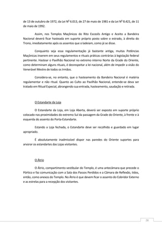  
28 
de 13 de outubro de 1972, da Lei No
 6.013, de 27 de maio de 1981 e da Lei No
 8.421, de 11 
de maio de 1992. 
Assim,  nos  Templos  Maçônicos  do  Rito  Escocês  Antigo  e  Aceito  a  Bandeira 
Nacional deverá ficar hasteada em suporte próprio posto sobre o estrado, à direita do 
Trono, imediatamente após os assentos que o ladeiam, como já se disse. 
Conquanto  seja  essa  regulamentação  já  bastante  antiga,  muitas  Potências 
Maçônicas inserem em seus regulamentos e rituais práticas contrárias à legislação federal 
pertinente. Hastear o Pavilhão Nacional no extremo interno Norte da Grade do Oriente, 
como determinam alguns rituais, é desrespeitar a lei nacional, além de impedir a visão do 
Venerável Mestre de todos os Irmãos. 
Considera‐se, no entanto, que o hasteamento da Bandeira Nacional é matéria 
regulamentar e não ritual. Quanto ao Culto ao Pavilhão Nacional, entende‐se deva ser 
tratado em Ritual Especial, abrangendo sua entrada, hasteamento, saudação e retirada. 
 
O Estandarte da Loja  
O Estandarte da Loja, em Loja Aberta, deverá ser exposto em suporte próprio 
colocado nas proximidades do extremo Sul da passagem da Grade do Oriente, à frente e à 
esquerda do assento do Porta‐Estandarte. 
Estando a Loja fechada, o Estandarte deve ser recolhido e guardado em lugar 
apropriado. 
É  absolutamente  inadmissível  dispor  nas  paredes  do  Oriente  suportes  para 
arvorar os estandartes das Lojas visitantes. 
 
O Átrio  
O Átrio, compartimento vestibular do Templo, é uma antecâmara que precede o 
Pórtico e faz comunicação com a Sala dos Passos Perdidos e a Câmara de Reflexão, tidos, 
então, como anexos do Templo. No Átrio é que devem ficar o assento do Cobridor Externo 
e as estrelas para a recepção dos visitantes. 
 