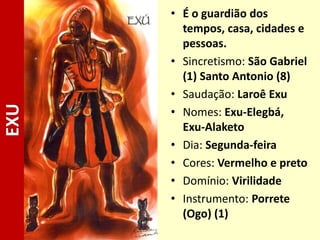EXU • É o guardião dos
tempos, casa, cidades e
pessoas.
• Sincretismo: São Gabriel
(1) Santo Antonio (8)
• Saudação: Laroê Exu
• Nomes: Exu-Elegbá,
Exu-Alaketo
• Dia: Segunda-feira
• Cores: Vermelho e preto
• Domínio: Virilidade
• Instrumento: Porrete
(Ogo) (1)
 